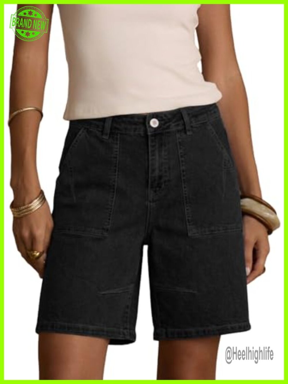 High Waisted Pleated Bermuda Jean Shorts Stretchy Denim Summer